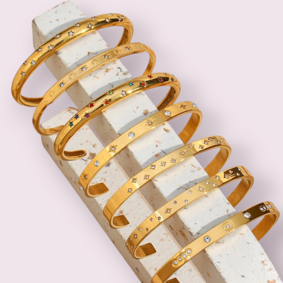 18K Gold-Plated Star & Moon Cuff Bracelet Tarnish-Free Crystal Zircon Jewellery-HappySoulByCrown