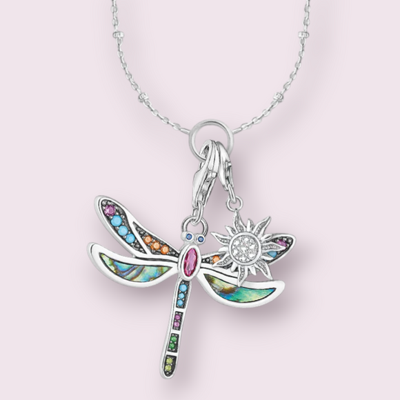 925 Sterling Silver Dragonfly & Sun Charm Necklace