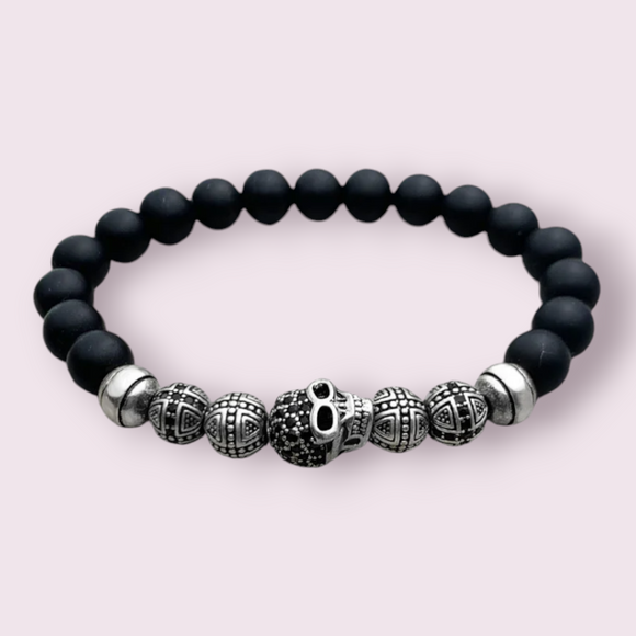 925 Sterling Silver Skull Cross Obsidian Bead Bracelet