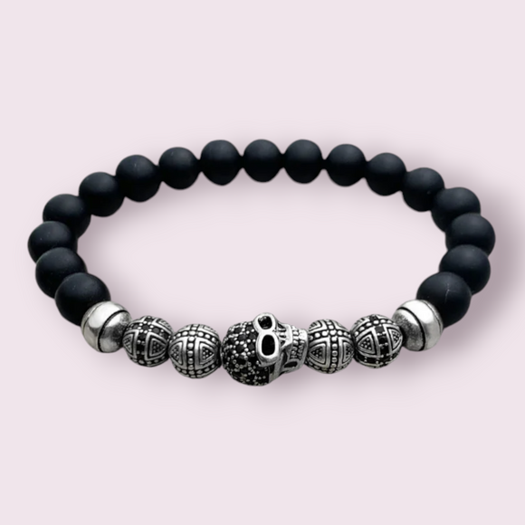 925 Sterling Silver Skull Cross Obsidian Bead Bracelet-HappySoulByCrown