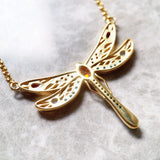 Large Gold Dragonfly Necklace 925 Sterling Silver