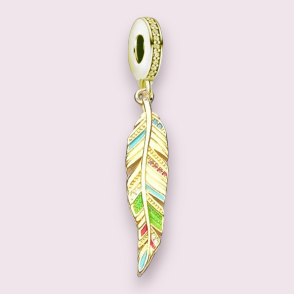 Golden Feather Pendant Charm 925 Sterling Silver