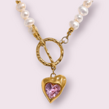 Natural Freshwater Pearl Heart Cubic Zirconia Pendant Necklace