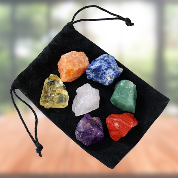 Natural Crystal Raw Stone 7 Chakra Black Cloth Bag Reiki Healing