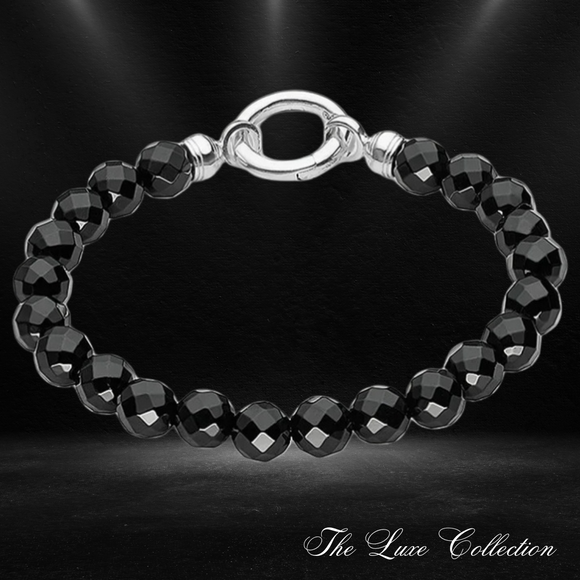 Faceted Onyx Black Beads Bracelet  925 Sterling Silver 