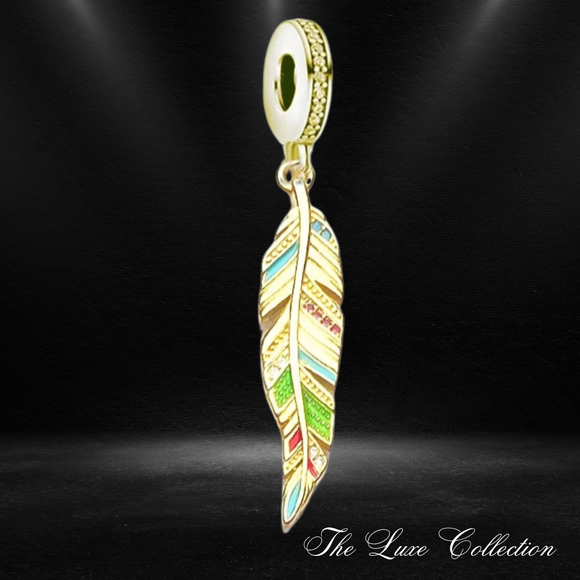 Golden Feather Pendant Charm 925 Sterling Silver